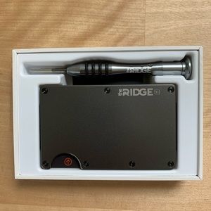 Ridge Titanium gunmetal wallet with RFID blocking.